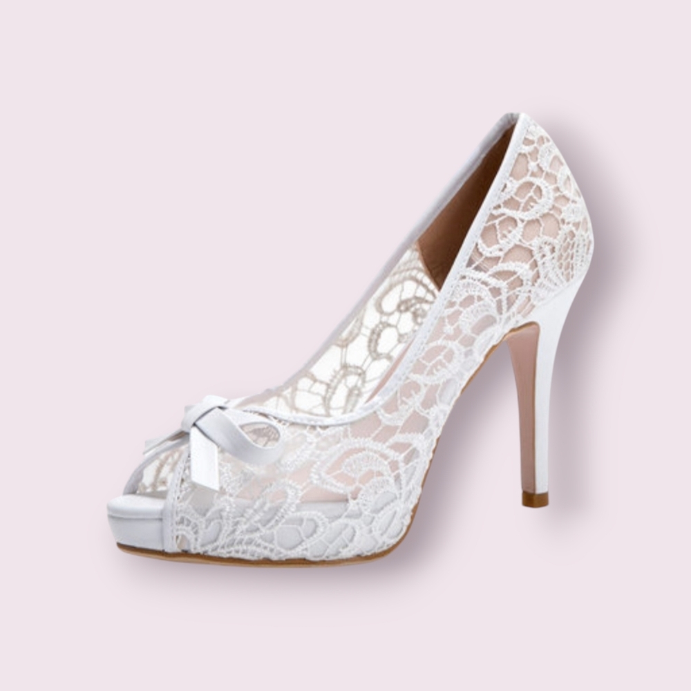 Women's Bridal Shoes JJ's House Lace Bridal Shoes White Ribbon High Heel